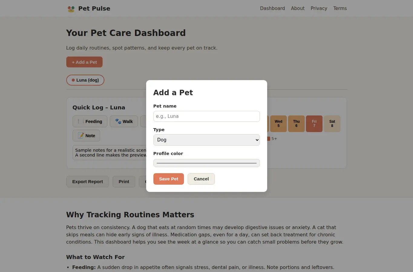 Screenshot of Pet Pulse – Pet Care Routine & Habit Tracker interface showing the project page in use